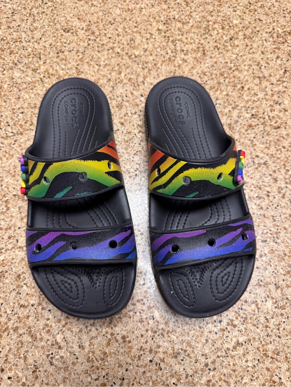 CROCS Adults Black Slides with Rainbow Zebra Stripes